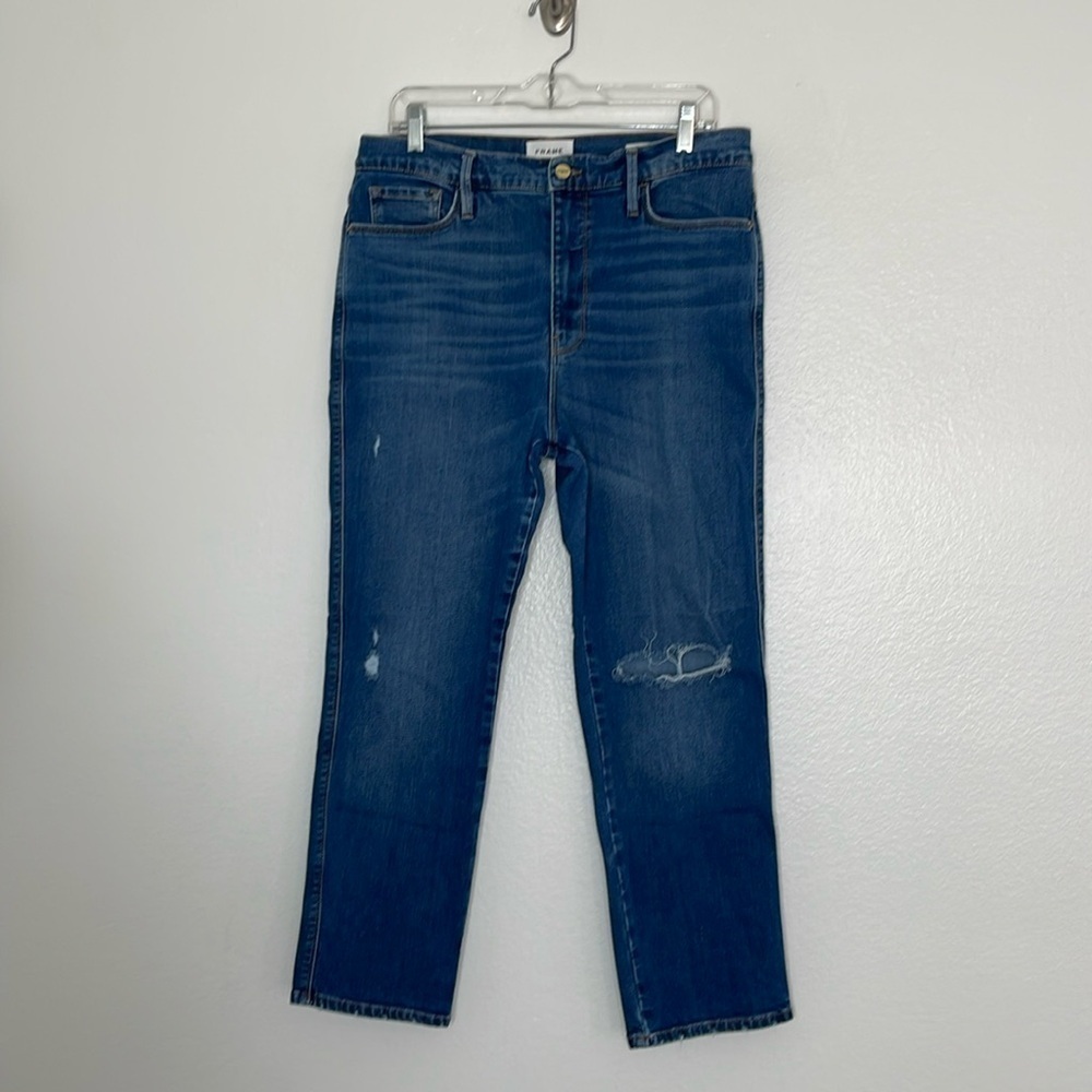 Frame Jeans Le Sylvie Crop High Rise Distressed Straight Fit Size 32